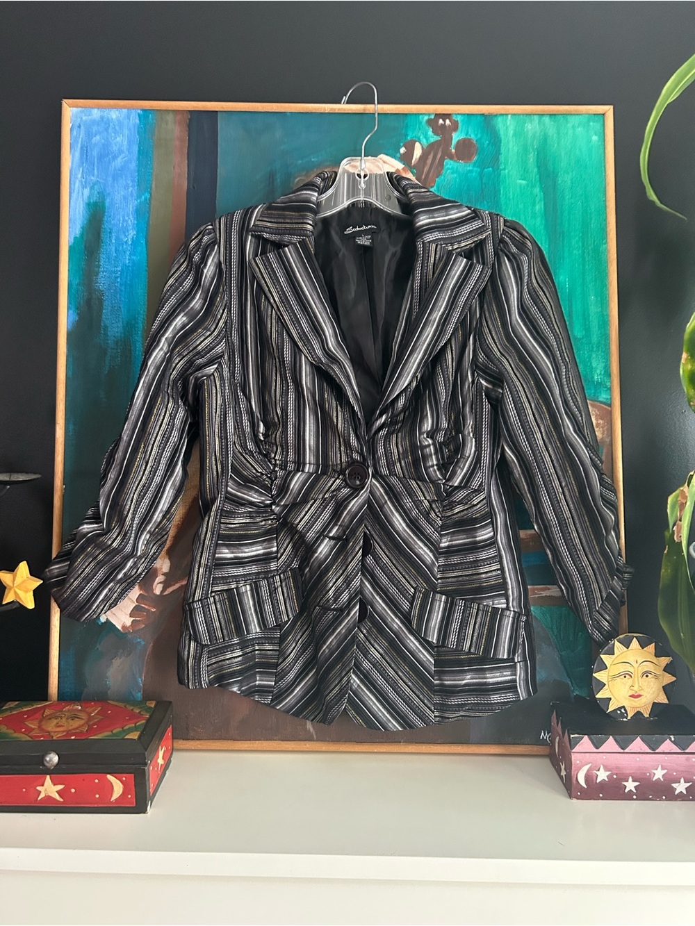 Seductions Black Metallic Striped Patchwork Blazer Size Large